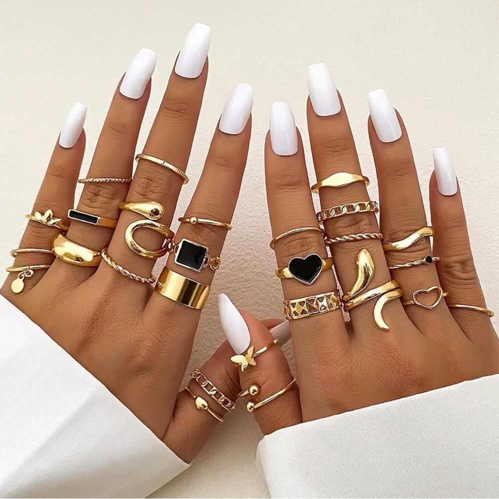 Gold Plated Stackable Ring Set – Stainless Steel, Black Enamel Accents - Picture 4 of 4